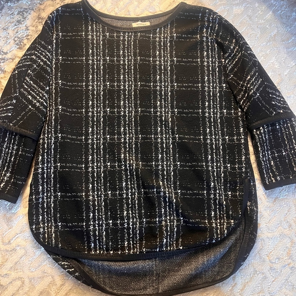 Max Studio black and white plaid windowpane knit top